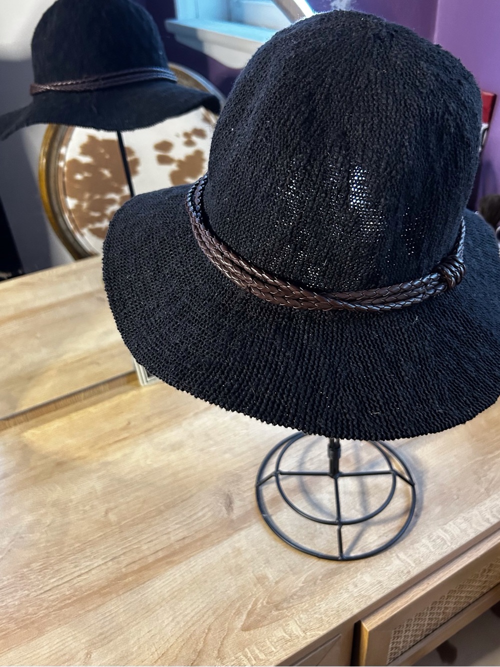 World Market Black Sun Hat with Braided Brown Trim